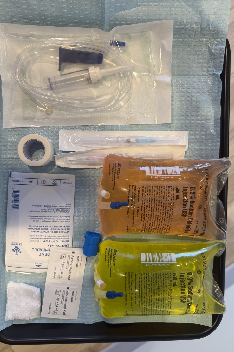 A sterile prep tray laid out in the treatment room